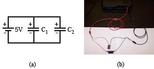 Figure 8: Circuit diagram and photo of capacitors in parallel 9 Repeat steps 3 through 6 for the parallel arrangement referring to Fig. 8. Record the time for the parallel arrangement on the worksheet.