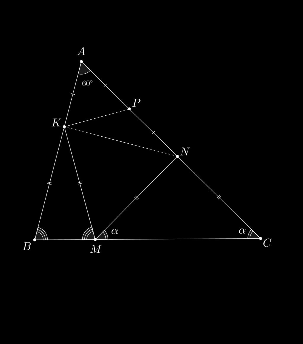 2. Let ABC be a triangle with A = 60. The points M, N, K lie on BC, AC, AB respectively such that BK = KM = MN = NC. If AN = 2AK, find the values of B and C. P roposed by Mahdi Etesami F ard Solution.