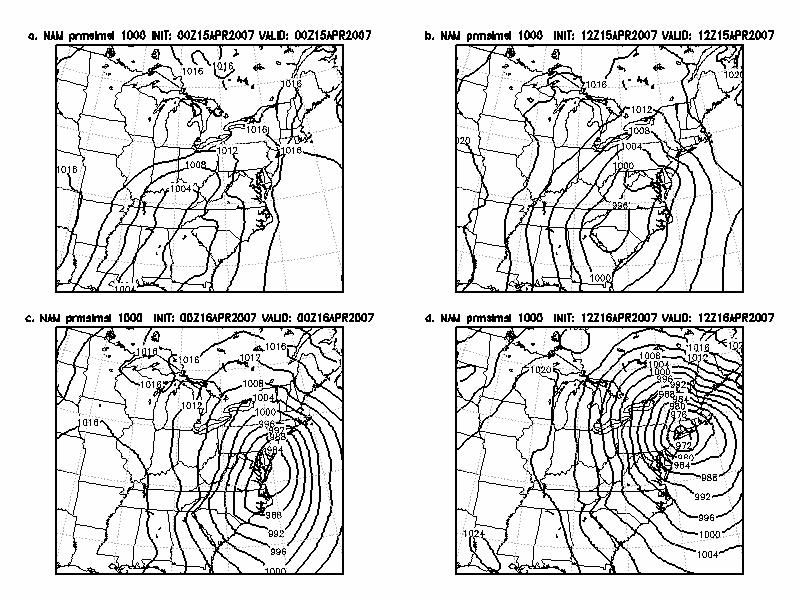 Figure 3 As in Figure 2 except zoomed over the eastern United States showing NAM 00-hour forecasts of MSLP showing the cyclone evolution in 12-hour increments from a) 0000 and b) 1200 UTC 15 April