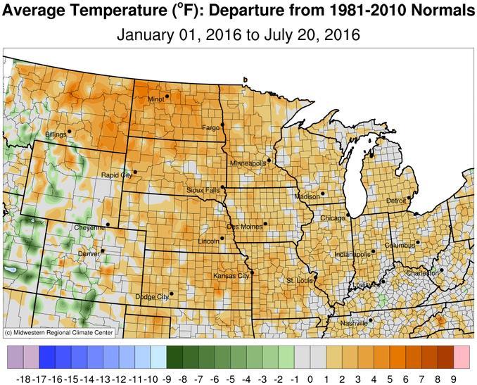 Temperatures transitioned from cooler than normal in the June period to warmer than normal in the July