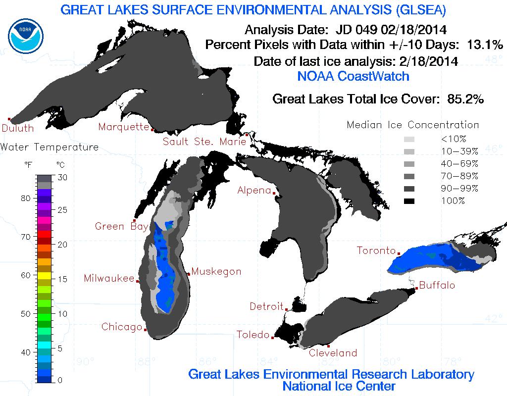 Great Lakes Ice Cover Current 2014 2014 is currently 85.