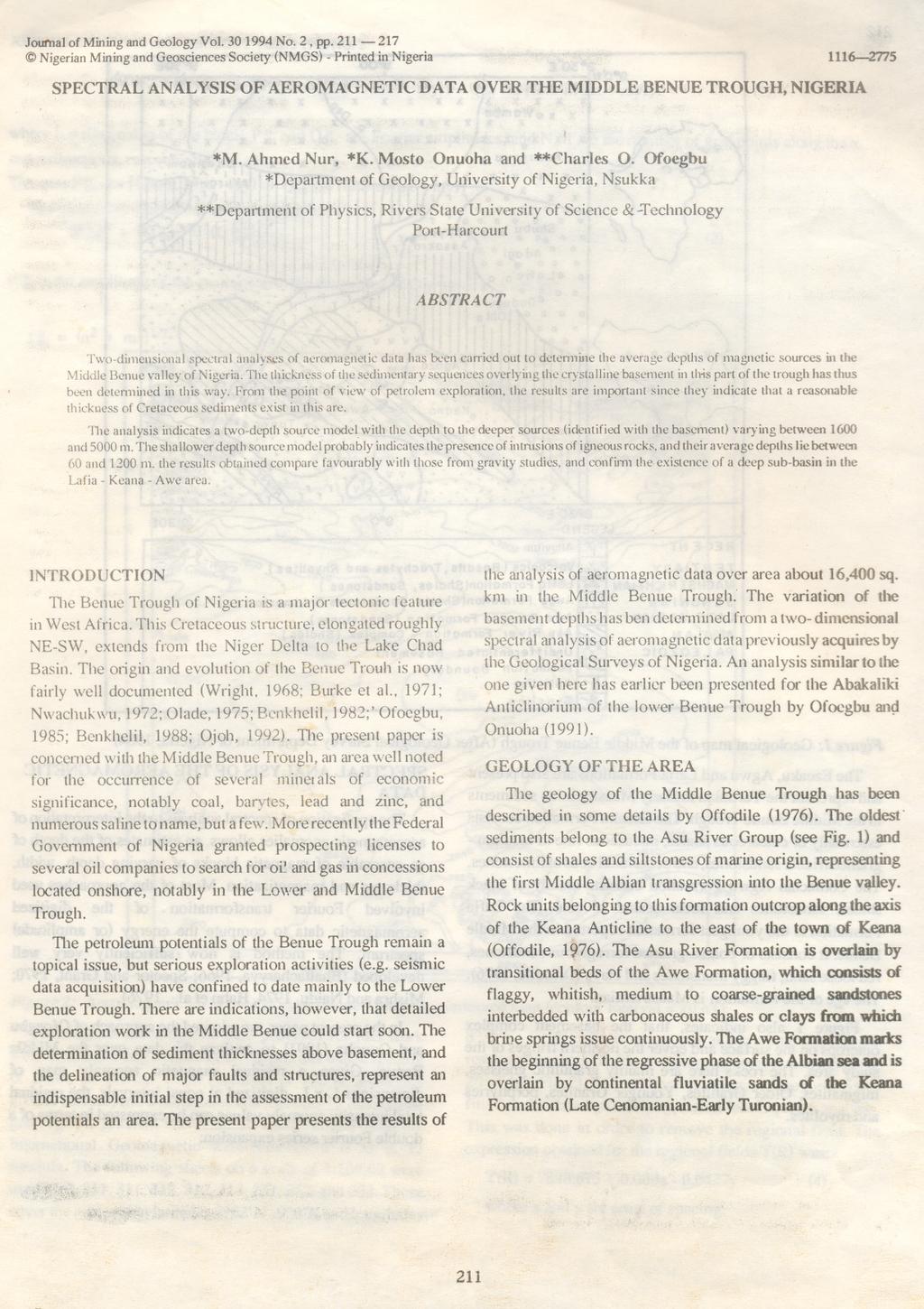 Journal of Mining and Geology Vol. 30 1994 No.2, pp.
