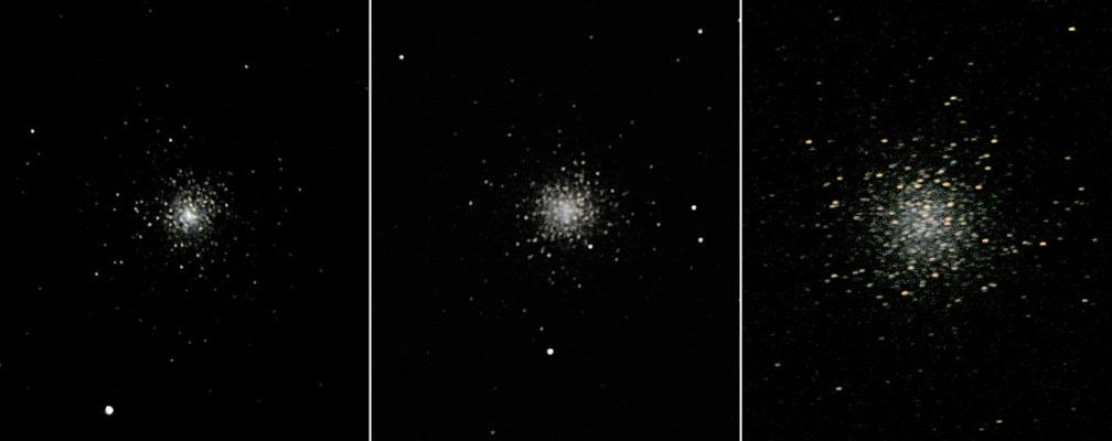 They reveal very nicely what you might see through the eyepiece of a 6 or 8-inch scope on these same targets. They also clearly illustrate that all globular clusters are not alike.
