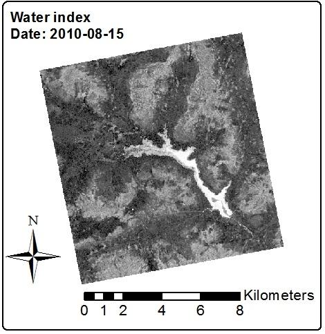 Fig. 6: Tougou basin, Burkina Faso: water index maps. Reference image: 2011/04/28 (dry season). Test images from left to right and up to down: 2010/06/12, 2010/07/14, 2010/08/15, 2011/03/27.