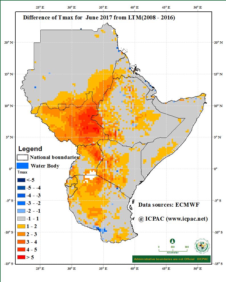 Much of the GHA region recorded near the average minimum temperature conditions in the month of May 2017, except for areas covering much of north and southeast of Sudan, western parts of South Sudan,