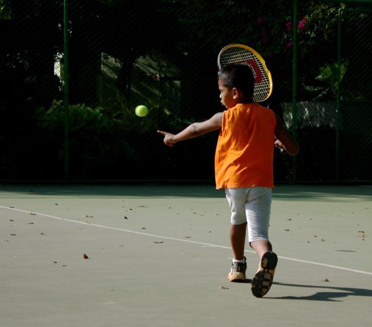 Watch the Tennis Ball Photo Credit: Sudhamshu Tennis is a sport. Players use a racket to hit a small ball. The ball moves through the air. The player swings the racket.