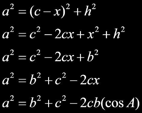 Slide 218 / 240 Let's prove the Law of Cosines A Given: ABC has sides of length a, b, and c Prove: (similar reasoning shows that ) b a b If ABC has sides of length a, b, and c, then C C c B A
