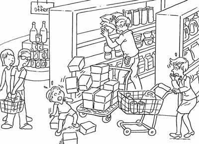 4. Picture Composition: At the supermarket These words may help you: trolley, storekeeper, shopping cart, to knock off, accident, to