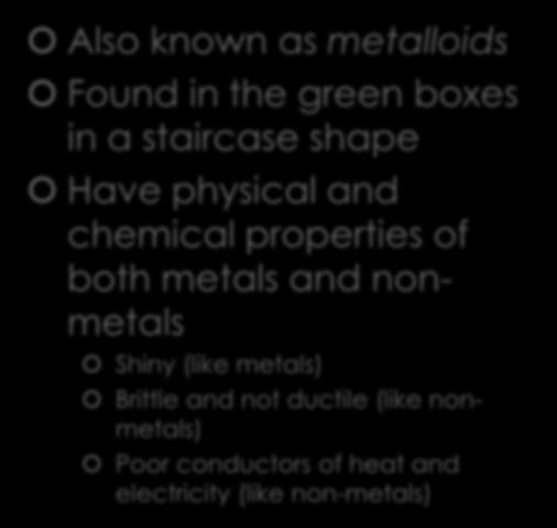 Semi-metals Also known as metalloids Found in the green boxes in a