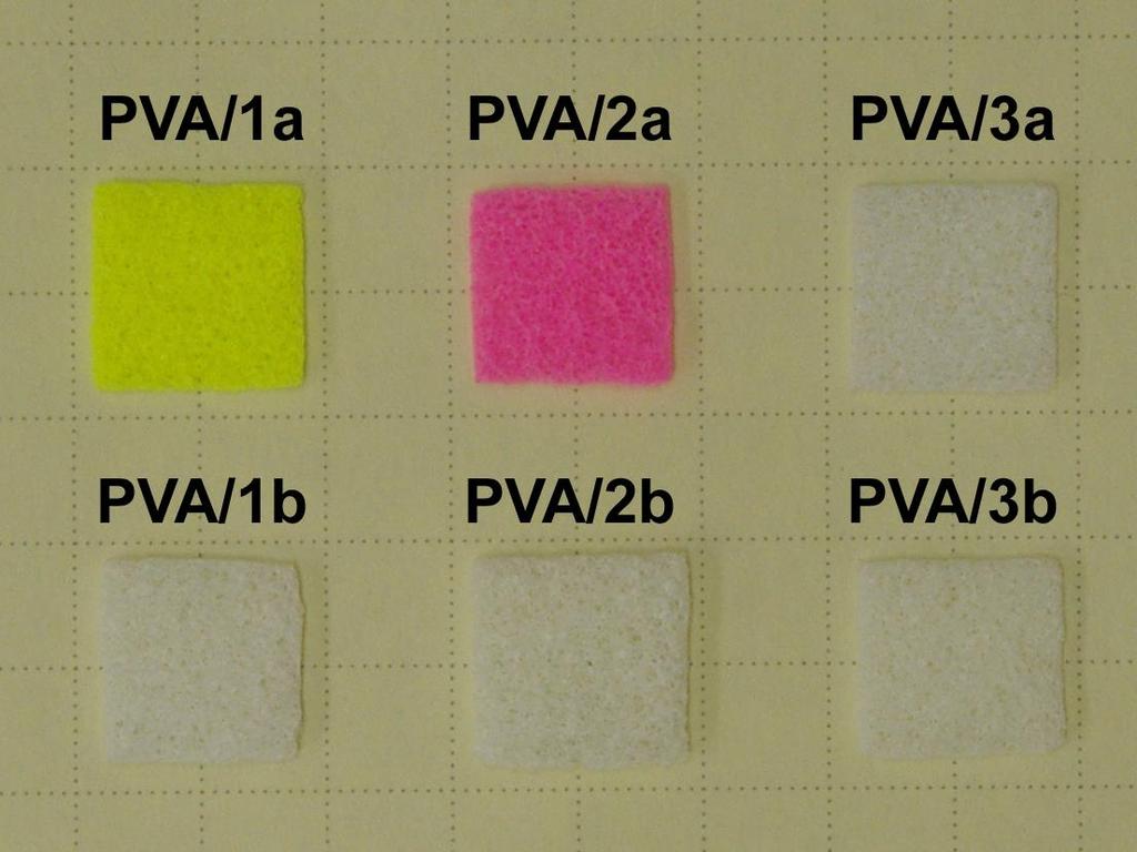 Fig. S9 Photograph of PVA sponges after the treatment with 1a (PVA/1a), 2a (PVA/2a), 3a