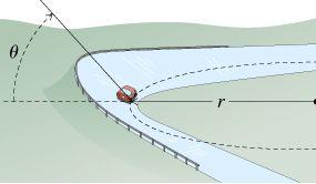L1. (20 points) A car of mass M = 1000 kg travels at constant speed v around a banked turn. The road is banked at an angle θ and has a radius of curvature r = 83.0 m.