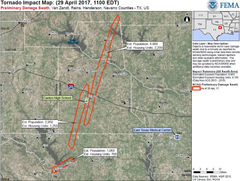 Current Operations Tornado Outbreak Texas A severe weather outbreak east of the Dallas, TX metro area spawned three confirmed tornadoes resulting in widespread damage.