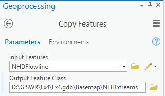 Right click on NHDFlowline and select Data -> Export Features to open the Copy Features tool and set the Output Feature Class as NHDStreams in the BaseMap Feature Dataset. Click Run.