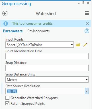 In the Watershed tool set the Input Points to be the feature class created from your spreadsheet