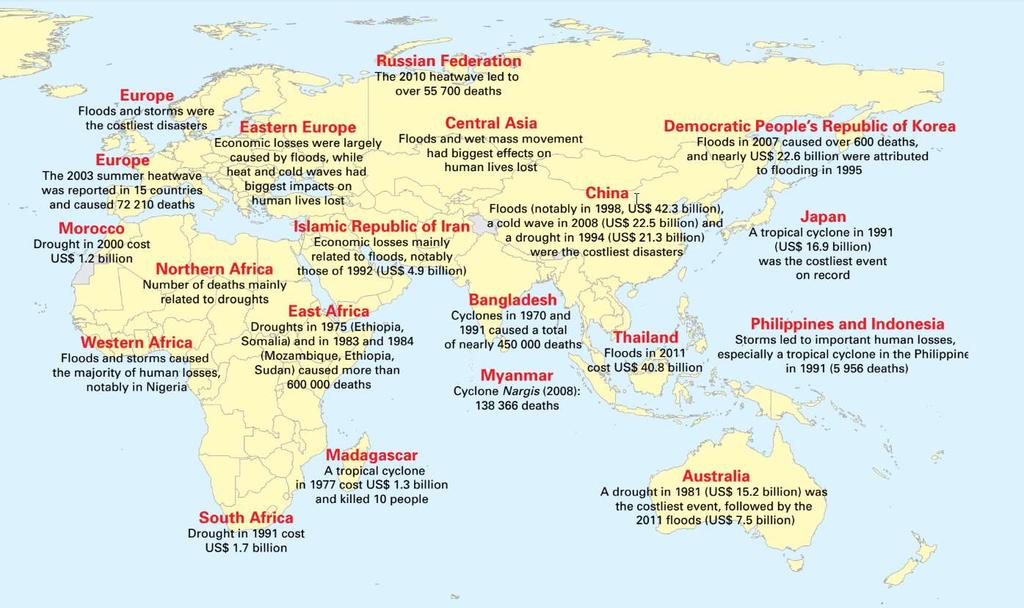 Map highlighting major reported disasters linked to weather, climate and water extremes Source: Atlas of