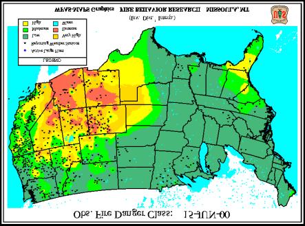 a) b) Figure 16. Observed fire danger class for a) June 15 and b) June 30 2000. Map source: Wildland Fire Assessment System.