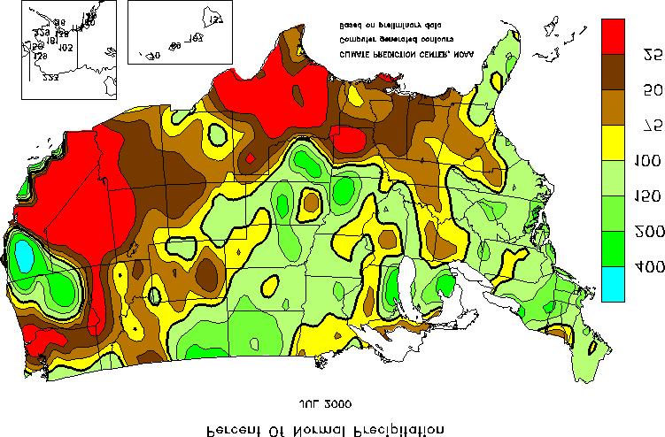 a) b) c) Figure 17. Observed monthly percent of normal precipitation based on NWS first-order and coop sites. Warm colors (e.g., red) indicate well below average and cool colors (e.