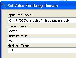 Step 1) Create a Range Domain. Create another domain in your geodatabase container for Acres and specify the limit to be between 0.1 and 1000 acres.