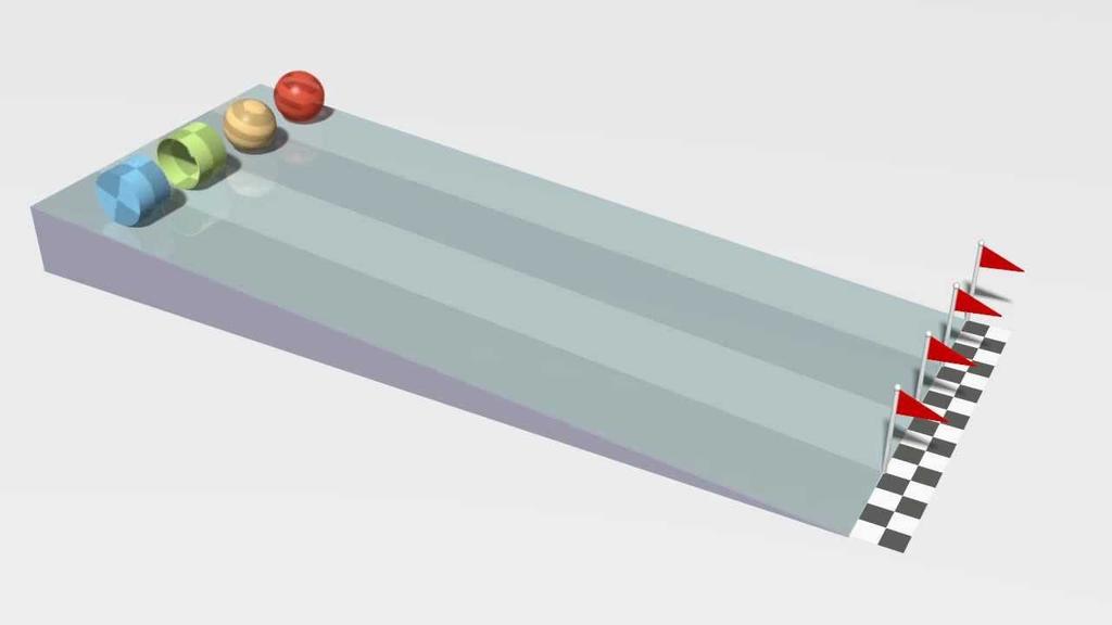 Rolling Racers: four objects with same mass are placed on a ramp and left to roll without slipping. Starting from rest, which one is traveling the ramp length faster? 1.