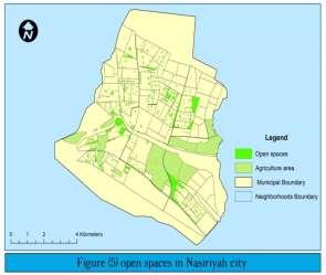 The area of urban spaces within the city of Nasiriyah is 961 hectares, and the urban area is 5225 hectares, as shown in the Figure (5).