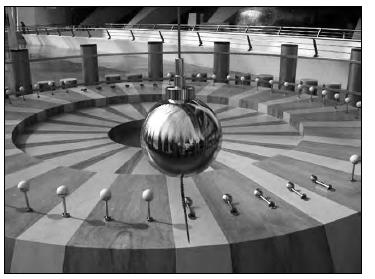 38. The photograph below shows a Foucault pendulum at a museum. The pendulum knocks over pins in a regular pattern as it swings back and forth. 40.
