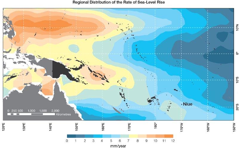Figure 9.6: The regional distribution of the rate of sea-level rise measured by satellite altimeters from January 1993 to December 2010, with the location of Niue indicated.