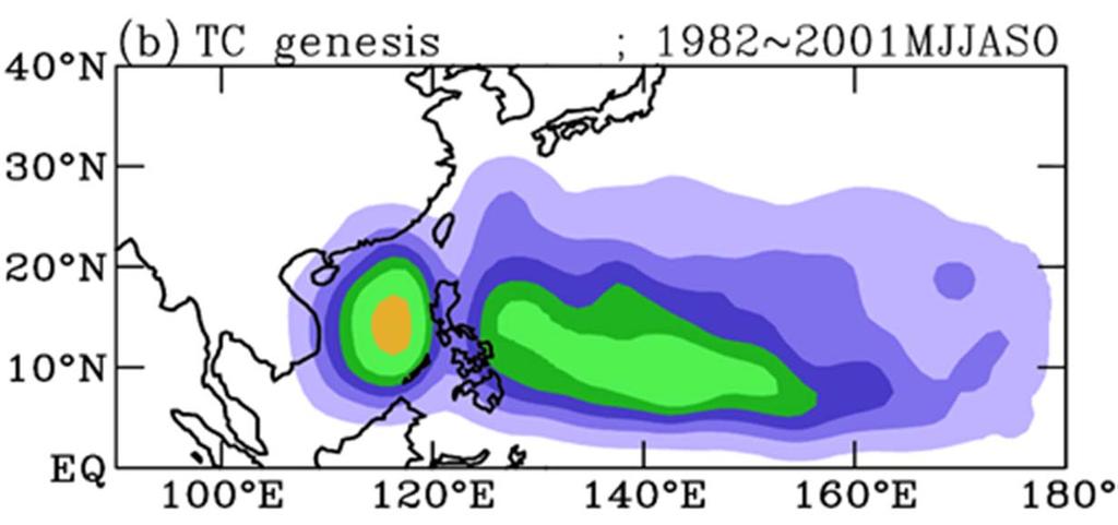TC Climatology (1982-2001) (model) significant at the 95% confidence interval Spatial