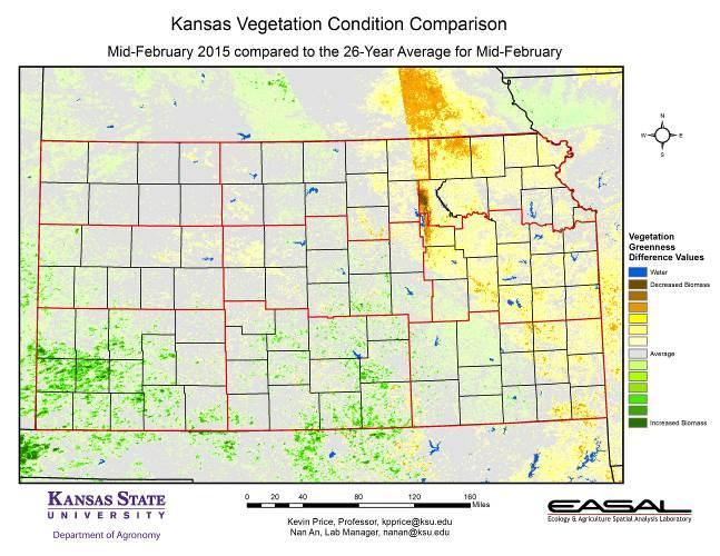 Compared to the 26-year average at this time for Kansas, this year s Vegetation Condition Report for February 10 23 from K-State s Ecology and Agriculture Spatial Analysis Laboratory shows that