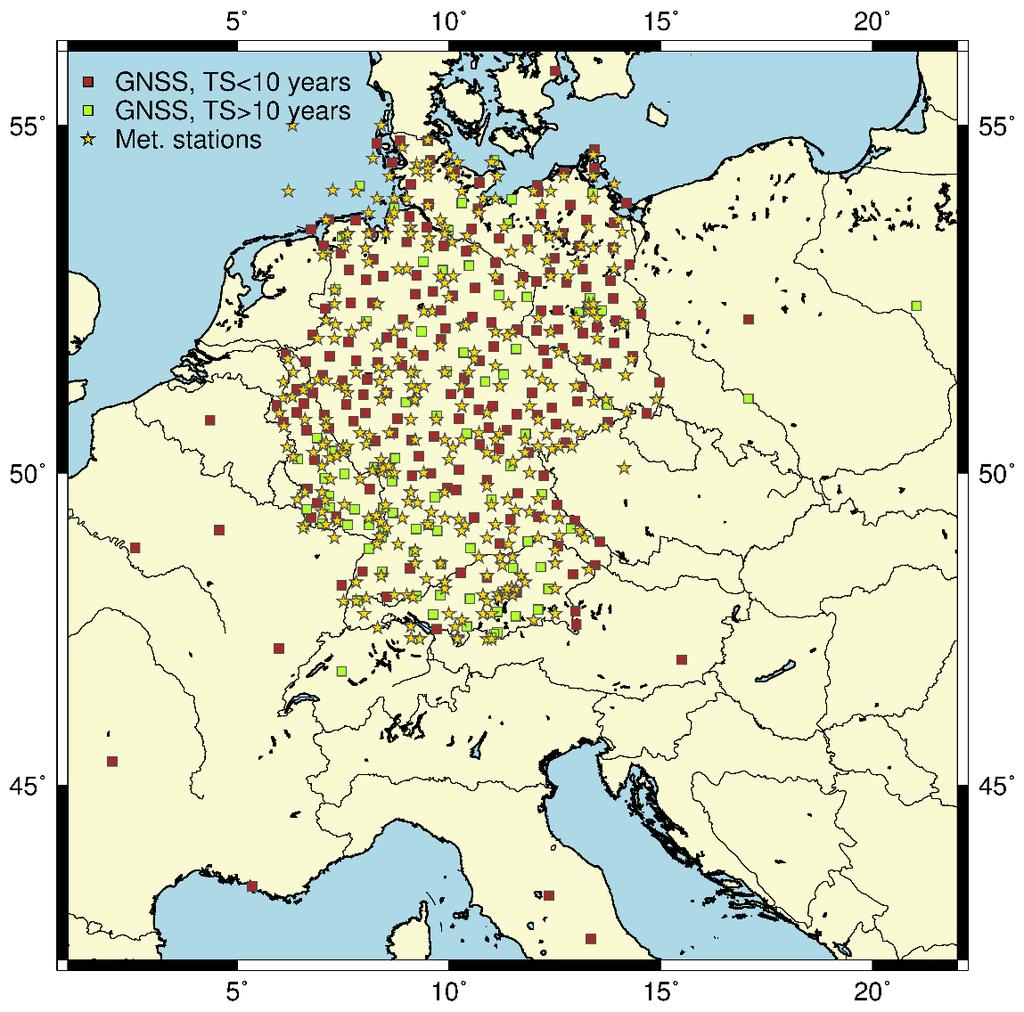 Data sets GPS-based PWV, ZTD, ZWD, at 15 minutes 278 sites 84 sites with time series > 10