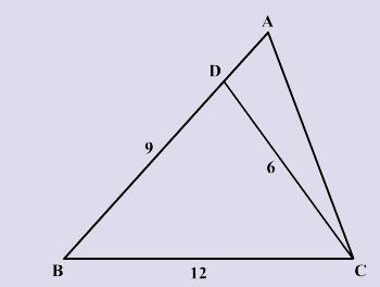 6 2,5 6 3,4 7. In the given triangle, BC = 12cm, DB = 9 cm, CD = 6 cm and BCD = BAC. What is the perimeter of triangle ADC to that of triangle BDC?