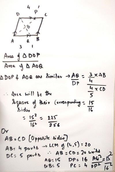 b) 1/3 < BM/CM < 1 c) BM/CM > 1 d) None of these of area of triangle DOP to that of triangle AOQ?