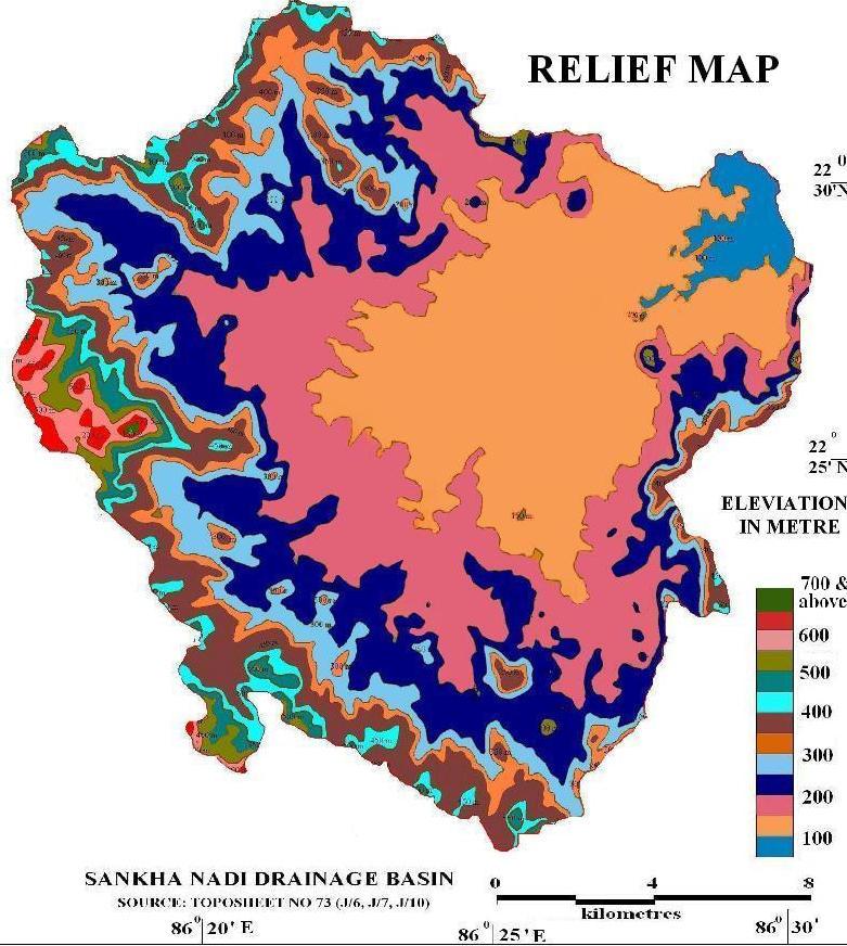 6.0 Discussion and Analysis 6.1 Relief: Relief of the Sankha Nadi prepared with the help of Arc GIS 9.2 from SRTM data, it is clear that Sakha Nadi drainage basin express elevation ranges 77m to 765m.