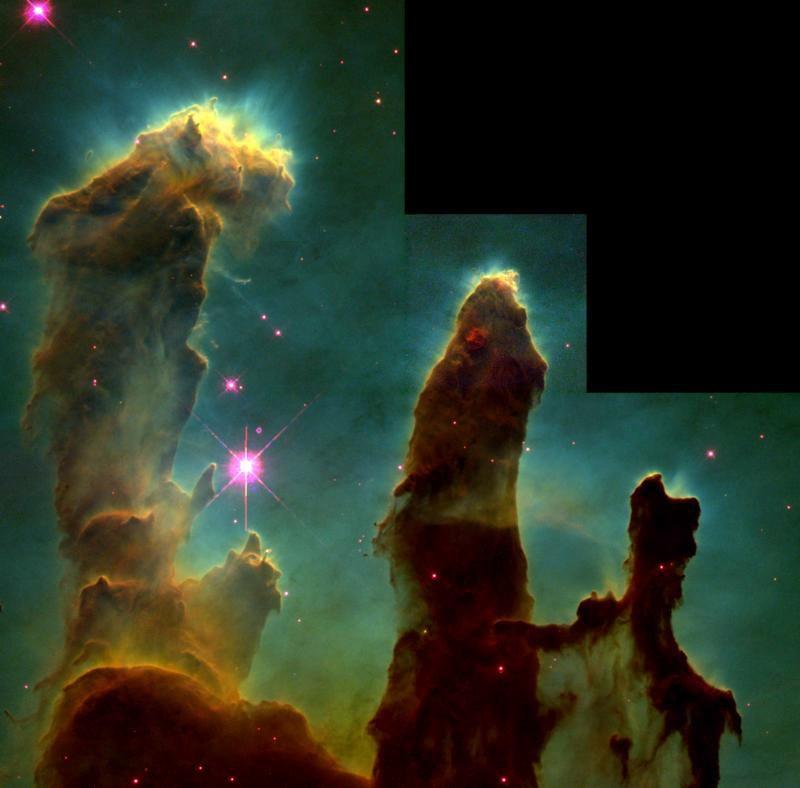 The Pillars of Creation or The Eagle Nebula or M 16 As an ionization front advances through a cloud, residual dense structures remain after