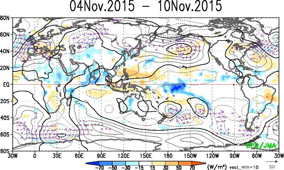 OLR & Stream Function & Wave Activity Flux (Anomaly) 200-hPa 850-hPa Stream Function Contours show stream function anomalies.