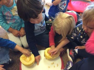 After cutting the gourd: James (age 3) said that the gourd looked yellow. Danilo (age 3 1/2) was counting the seeds.