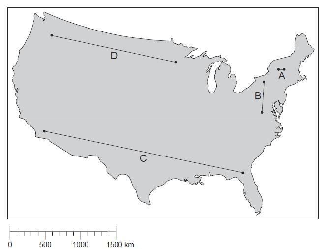 23. On the map of the United States shown below, four lines have been drawn and labeled A, B, C, and D.