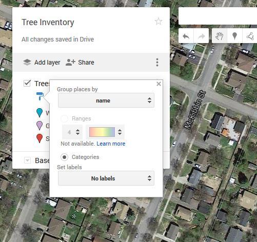 Creating a Tree Inventory Map in Google Maps 5) Style the layer (symbolize points) by the tree species names (make sure