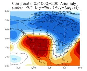 4 displays composite 1000 to 500 hpa circulation anomalies over North America associated with the identified drought minus pluvial growing seasons on the Prairies.
