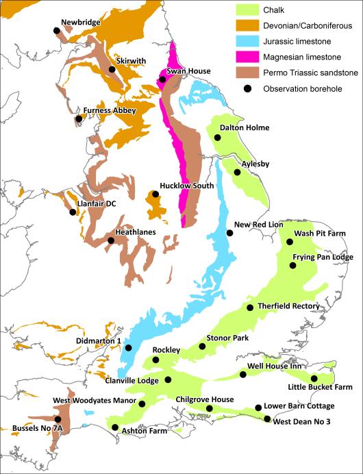 Areas with current high groundwater levels, such as in the Chalk of southern England and the Permo-Triassic sandstone basins of the English and Scottish Borders will remain high while most levels