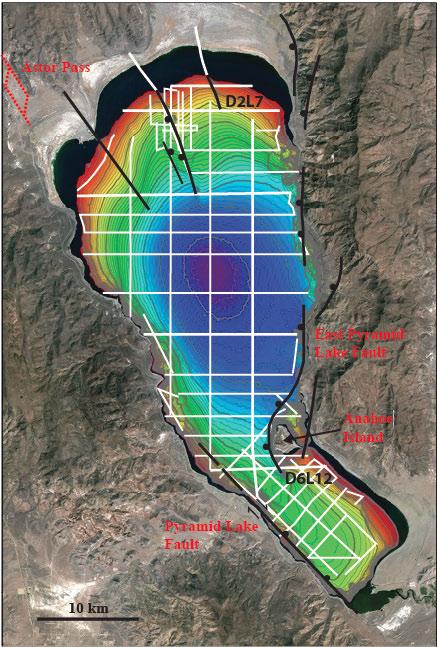 Pyramid Lake Basin Geology The Pyramid Lake fault (figure 2), which enters the basin from the south, extending along the west side of the lake, near the shoreline, changes from a dextral strike slip