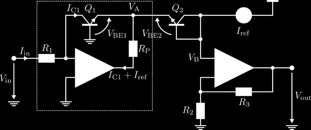 stage is a non-inverting amplifier with gain + RR 3 : RR 2 VV out = VV B + RR 3 = VV RR BE2 + VV A + RR 3 = VV 2 RR T ln II ref ln VV in + RR 3 2 II S RR