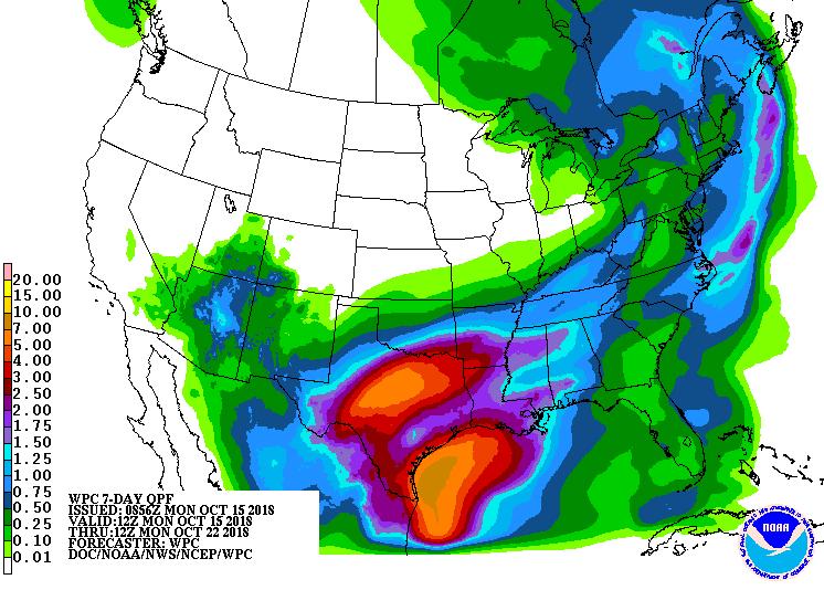 Weather The map displays Monday s seven-day rainfall forecast to next Monday. The forecast map projects heavy rains over central Texas and from there south to the Gulf and east to the Delta.