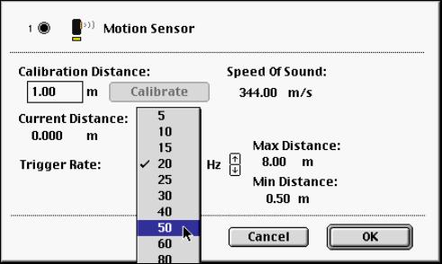 Data recording is set for 500 samples per second (500 Hz) for the Force Sensor. 5. Set the Trigger Rate for the Motion Sensor to 50 Hz.