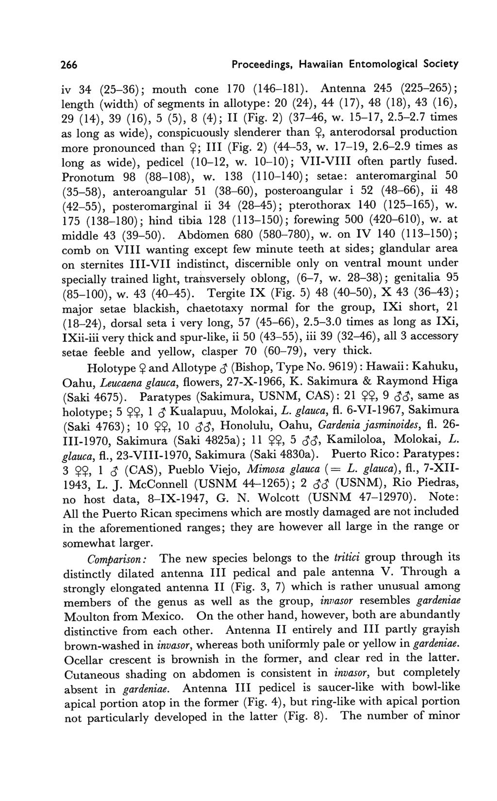 266 Proceedings, Hawaiian Entomological Society iv 34 (25-36); mouth cone 170 (146-181).