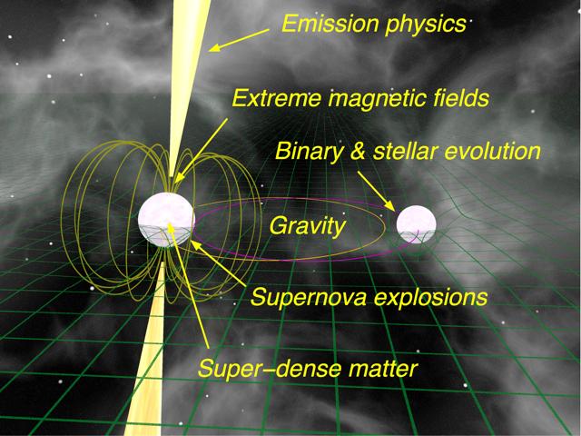 Figure 2: Artistic impression demonstrating the wide range of physics and astrophysics that finds its application when studying pulsars.