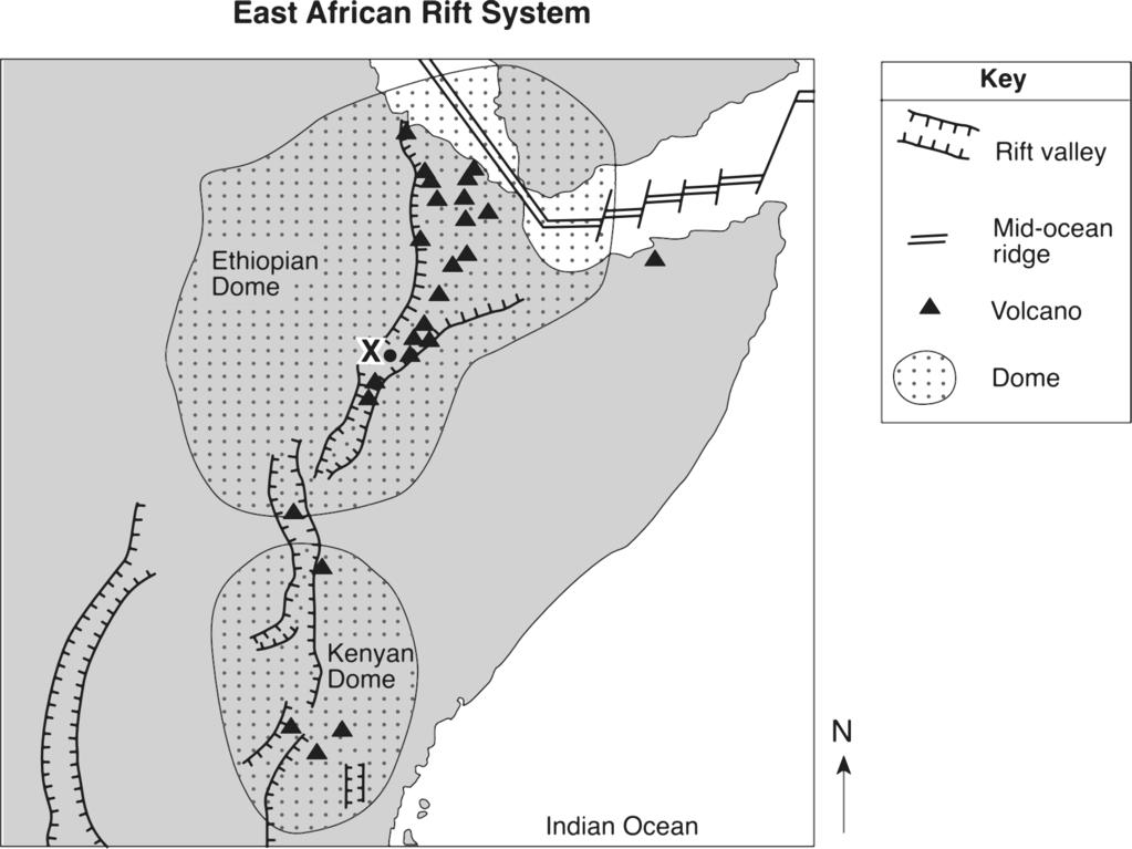 Base your answer(s) to the following question(s) on the passage and map of a portion of the East African Rift system shown below.