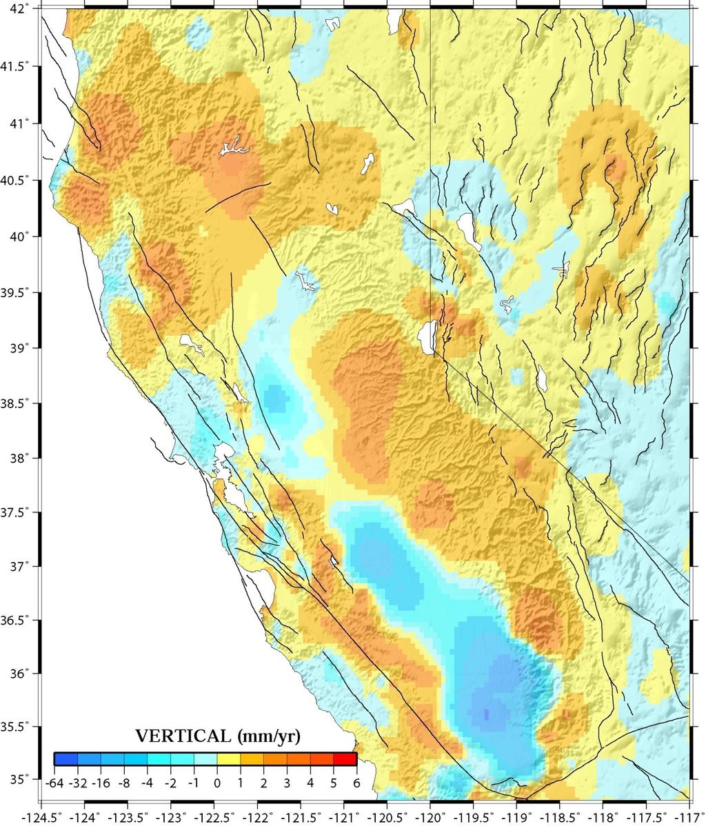 GPS Vertical Velocity Map Great Valley Huge subsidence Bad stations included Hydrological effects Areas of Uplift