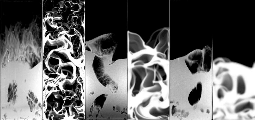 Figure 9: Visual comparison of the bed dynamics of the experiments and the simulations as the particle size is increased. The three pairs of images from left to right are from cases 13, 15 and 14.
