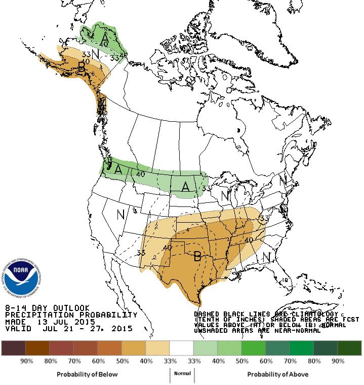 The top two images show Climate Prediction Center's Precipitation and Temperature outlooks for 8 14 days.