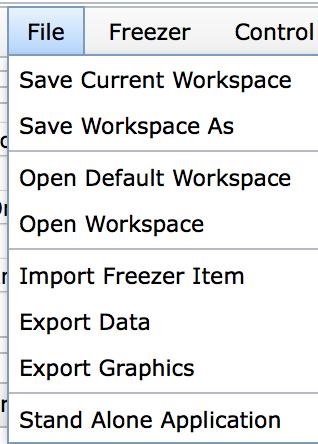 (4) Menus File Menu - Workspace controls: All the settings and data generated in your workspace may be saved and reopened later.